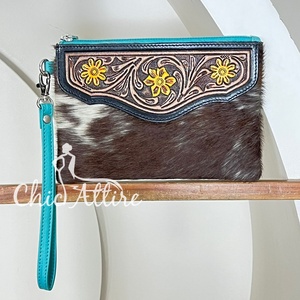 2026 Personalized Hand Tooled Leather <b>Wristlet</b> Clutch for Women's High Quality Genuine Hair-On Cowhide Embossed Leather Wallet - Product Image 1