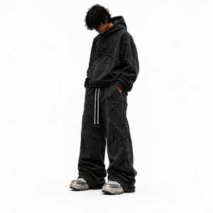 Ensemble de survêtement pour homme en coton 100% premium, sweat-shirt streetwear personnalisé et pantalon de survêtement large, broderie 3D oversize, effet délavé, OEM ODM - Product Image 4