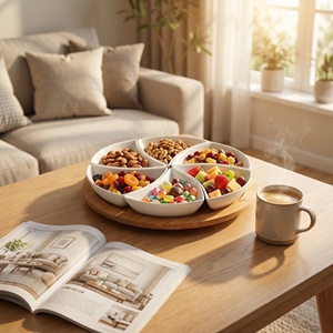 Ensemble de <span class=keywords><strong>6</strong></span> bols triangulaires en porcelaine blanche de <span class=keywords><strong>6</strong></span> pouces avec plateau Lazy Susan en bambou de 13,25 pouces, ensemble modulaire pour servir des collations, des fruits et des noix, décoration - Product Image 1