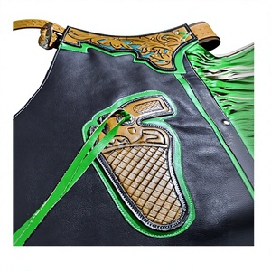 Chaps de Rodeo en Cuir Noir et Vert Citron Personnalisés, Longueur Intégrale, avec Pompons et Franges, Équipement Équestre Unisexe pour la Performance Western - Product Image 3