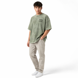 Camisetas de hombre con lavado ácido, 100% algodón, oversize, transpirables, casuales, de manga corta, con estampado digital, 320g, ecológicas, estilo urbano, color liso. - Product Image 2