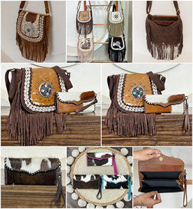 Bolso Bandolera de Cuero Vacuno de Alta Calidad y Gran Capacidad, Nuevo, Hecho a Mano, con Cremallera y Flecos, con Cartera Tipo Clutch, Juego de Dos Piezas - Product Image 3