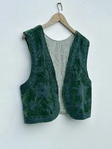 Gilet court sans manches en velours vert respirant avec broderie florale pour femme, style automne, motif blazer - Product Image 2
