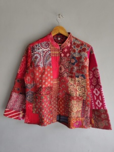 Chaqueta Acolchada de Patchwork Ecológica y Transpirable para Mujer, Cuello Mao, Manga Larga, Algodón, Estilo Otoñal, Largo Regular, con Botones - Product Image 1