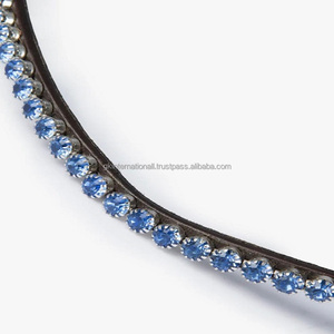 Banda de cejas de caballo de cuero inglés marrón negro con forma de onda profunda hecha a mano decorada con cristales de zafiro redondos grandes banda de cejas ostentosa - Product Image 6