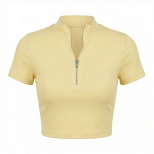 Haut court élégant pour femme, en denim côtelé imprimé, avec demi-zip, couleur personnalisable, vêtement de mode estival de qualité supérieure - Product Image 1