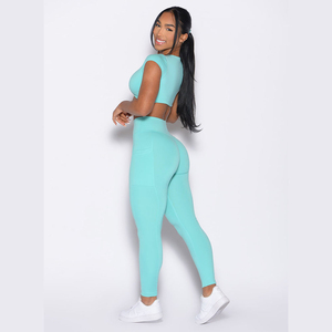 Aqua Elastic Mid Waist <b>Leggings</b> with Side Pockets & Scrunch Butt Breathable Quick Dry Active Wear for Gym Workout - Product Image 2