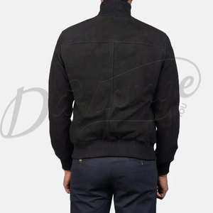 Men Black <b>Suede</b> Leather High Neck <b>Bomber</b> <b>Jacket</b> Slim Fit Button Up Casual Harrington Style Genuine Leather Outerwear - Product Image 2