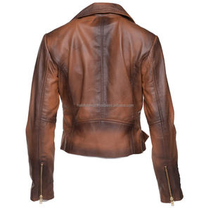 Shaded Brown Crop Biker Motorcycle con cinturón Chaqueta de cuero genuino para mujer Cálido Cómodo - Product Image 4
