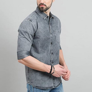 Chemise en jean pour homme, coupe ajustée, manches trois quarts, couleur unie, col rabattu, décontractée, respirante, coton délavé - Product Image 2