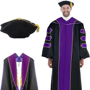 Robe de doctorat de luxe pour la remise des diplômes, ensemble de toque et écusson de doctorat à 8 pans avec passepoil doré, tenue de doctorat - Product Image 1
