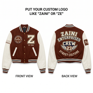Women <b>Crop</b> <b>Top</b> Varsity Jacket Premium Wool Blend 450 GSM Brown <b>Cream</b> Contrast Sleeves Chenille Embroidery Custom Logo Streetwear - Product Image 1