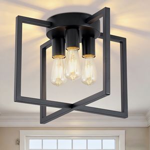 Lampadario a 3 Luci Semi-Incasso Nero con Paralume Geometrico in Metallo, Stile Industriale Rustico, IP54 6000K - Product Image 1