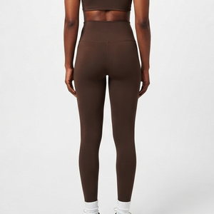 High Waisted Solid <b>Brown</b> Yoga <b>Leggings</b> Full Length Seamless Elastic Waist Women Athletic Fitness Pants Right Leg Logo - Product Image 6