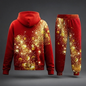 Women Winter Hooded Tracksuit <b>Red</b> Gold Print Full Length Casual Sublimation Polyester Pants Set With Side Pockets Drawstring - Product Image 2