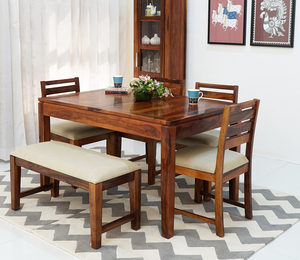 Ensemble de table à manger de cuisine 6 pièces, table rectangulaire en bois pour 6 personnes, 4 chaises en tissu + 1 banc, meubles de salle à manger - Product Image 1