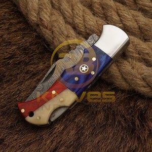 Damascus Steel Hunting <b>Knife</b> Drop Point Blade Red Blue <b>Handle</b> Brass Bolster 7 Inch Overall Camping Outdoor Use - Product Image 5