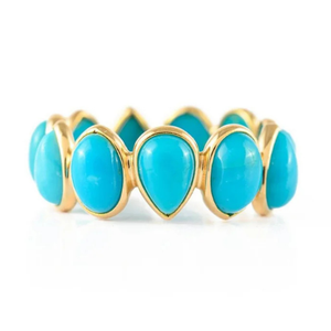 18K Yellow <b>Gold</b> <b>Turquoise</b> Eternity Wedding Band Resizable Prong & Pave Setting - Product Image 2