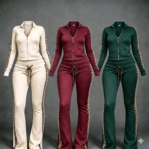 Conjunto de 2 Piezas de Terciopelo para Invierno con Capucha para Mujer, Chaqueta de Terciopelo con Cremallera y Estampado de Leopardo con Logotipo Personalizado, Pantalones Acampanados, Ropa de Estar por Casa - Product Image 5