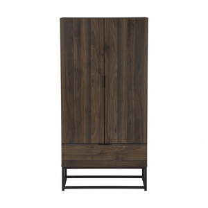 Modern <b>Walnut</b> Wardrobe <b>Cabinet</b> with 2 Doors and Storage Drawer Industrial Style Bedroom Armoire with Black Metal Base Stand - Product Image 3