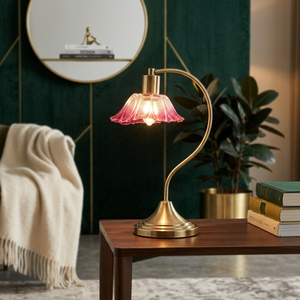 Traditional Brass Table <b>Lamp</b> with Green Glass Flower Shade E12 LED Base for Bedroom - Product Image 4