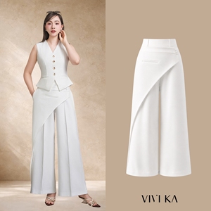 Pantalon décontracté de bureau pour femme, taille haute, coupe droite, blanc, anti-rides, avec boutons, devant asymétrique, LINDA - Product Image 1