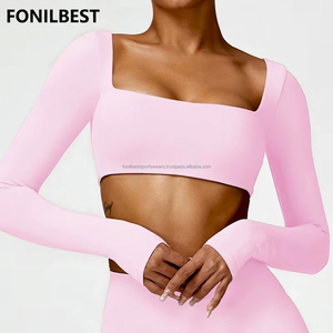 FONILBEST Women Yoga 2 Piece Set Front Pink Square Neck Long Sleeve <b>Crop</b> <b>Top</b> Solid Color Spandex/Polyester Sportswear Fashion - Product Image 1