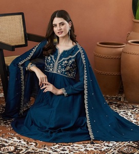 Blue Embroidered Silk Anarkali <b>Kurta</b> Pant Set <b>Women</b> Salwar Kameez Suit with Dupatta Traditional Casual - Product Image 1