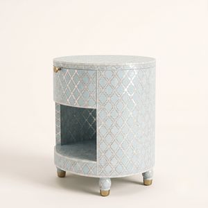 Table de chevet ronde bleu clair en nacre faite à la main avec 1 tiroir, incrustation marocaine en treillis, meuble artisanal à un seul tiroir - Product Image 4