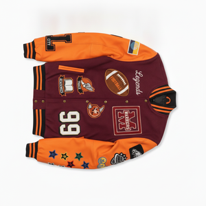 Veste universitaire pour homme en marron et orange avec des motifs brodés, col rabattu, vêtement décontracté pour l'automne - Product Image 4
