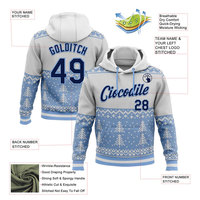 Hoodie Natal Rusa Kutub dengan Nomor dan Nama Kustom, Rajutan Putih Biru untuk Pria, Sweatshirt Musim Dingin dengan Saku dan Cetak Sublimasi