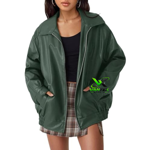 VANTEX SPORTS <b>Women's</b> Green Faux <b>Leather</b> Waterproof <b>Bomber</b> <b>Jacket</b> Turn-down Collar Zipper Loose Fit Casual Spring/Winter Coat - Product Image 1