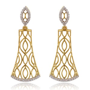 Luxury <b>Gold</b> Long Drop Earrings with Intricate Filigree Openwork Pattern, Oval Pave Stone <b>Top</b> and Elegant Statement Design - Product Image 1