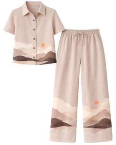 Customized Womens Beige Landscape Print Two Piece Co Ord Set <b>Short</b> Sleeve Button Shirt With <b>Wide</b> <b>Leg</b> Pants Casual Summer Wear - Product Image 1