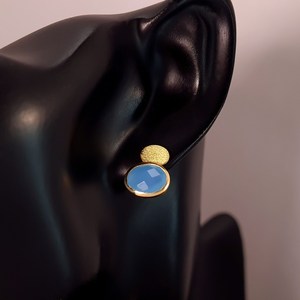 Natural Chalcedony <b>Stud</b> Earrings 925 Sterling <b>Silver</b> 14K Gold Plated Blue Gemstone Oval Faceted Satin Jewelry - Product Image 3