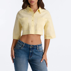 Blusa Ligera de Popelina para Mujer, Color Amarillo, Corte Recortado, con Botones, Manga Tres Cuartos, Color Sólido, Estilo Casual, para Primavera/Verano - Product Image 1