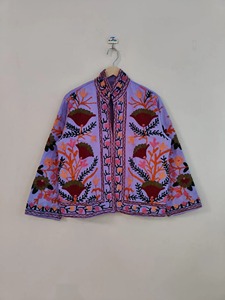 Veste en coton brodée de style chinois violet, col mandarin, manches longues, motif floral, vêtements d'extérieur décontractés pour adultes, vêtements de printemps - Product Image 1