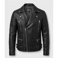 Blouson de moto en cuir véritable pour homme, col montant, fermeture éclair, coupe-vent, respirant, style motard, coupe ajustée, noir uni