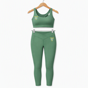 Conjunto de Yoga de 2 Piezas Verde para Mujer, Leggings de Cintura Alta, Top Corto con Espalda Cruzada, Color Sólido, Ropa Deportiva Transpirable con Elasticidad en Cuatro Direcciones - Product Image 2