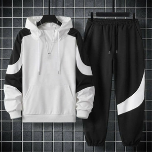 Survêtement personnalisé pour homme blanc et noir | Sweat-shirt en coton avec taille élastique et manches longues |   Vêtements de sport en gros - Product Image 2