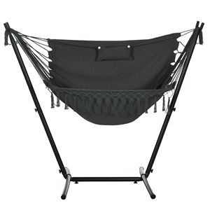 Sedia a dondolo amaca grigio scuro in vimini/metallo/tela con supporto e tasca laterale, poggiatesta per patio di hotel e uso esterno - Product Image 1