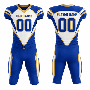 Conjunto de Uniforme de Fútbol Americano Personalizado para Hombre, Azul, Blanco y Dorado, Sublimado, Cuello en V, Manga Corta, Absorbente de Humedad, Ajustado - Product Image 1