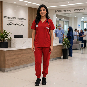 Ensemble de tenues médicales unisexe personnalisées en coton et polyester tricoté, uniforme médical, vêtements de travail pour le secteur de la santé, haut imprimé à col en V et pantalon jogger - Product Image 4