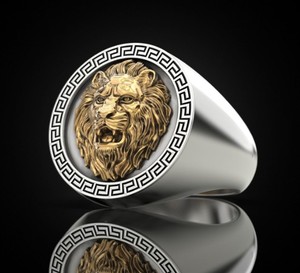 925 <b>Silver</b> Greek Border Lion Face <b>Ring</b> Gold Plated Animal Head Signet <b>Ring</b> For <b>Men</b> Fashion Jewelry - Product Image 2