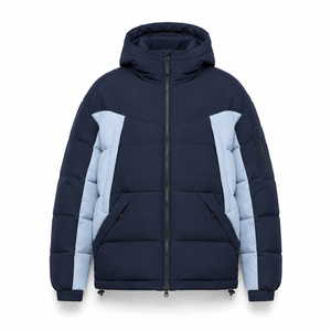Manufacturer Winter Puffer <b>Jacket</b> Oversized Hood Color Block Construction Custom Rubber Patch Thick Polyester Filling Outerwear - Product Image 1