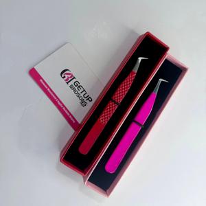 Pince à cils professionnelle en acier inoxydable à pointe argentée, revêtement poudré rouge rose, marque privée, pour extensions de cils, emballage inclus - Product Image 6
