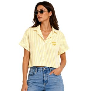 Camisa corta a rayas amarillas y blancas personalizada para mujer, con logotipo bordado personalizado, manga corta, con botones, blusa informal de verano, OEM - Product Image 1