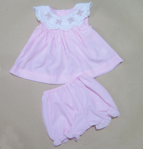 Ensemble de vêtements d'été pour bébé fille, haut sans manches rose brodé avec col à nœud et bloomers à volants, tenue de boutique pour tout-petits - Product Image 1