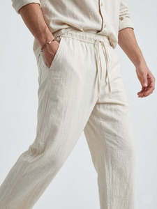Pantalon en lin blanc cassé pour homme, taille élastique, cordon de serrage, poches latérales, décontracté, léger, pour l'été - Product Image 2