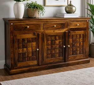 Wholesale Solid Wood <b>Sideboard</b> 3D Geometric Carved 3 Door Buffet Cabinet Dining Room Credenza | Pindel Handicraft - Product Image 1